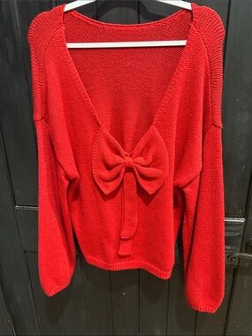 Red V-Neck Bow-Front Knit Sweater